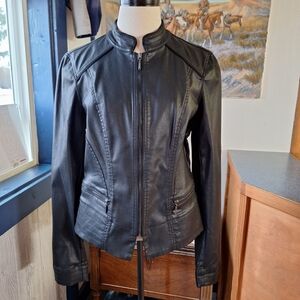 White House Black Market Charcoal Gray Faux Leather Moto Jacket, Size 10